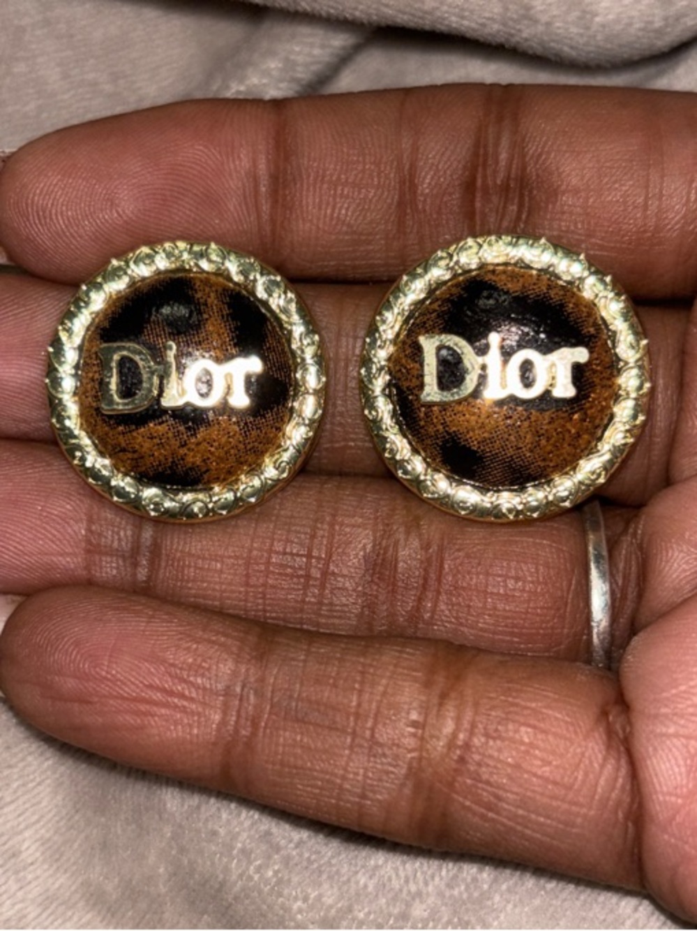 Dior Gold-Tone Brown Leopard-Print Logo Button Earrings